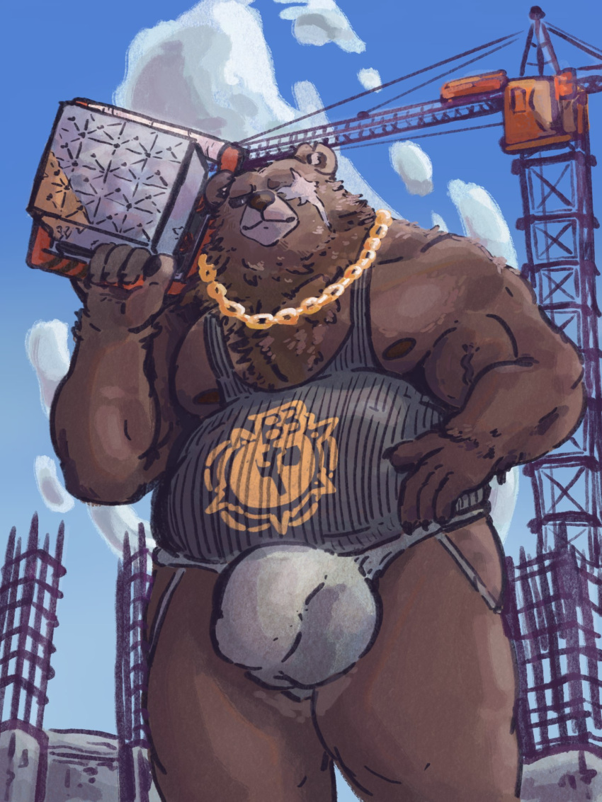 anthro bear belly ben_bigger brown_body brown_fur bulge clothed clothing detailed_bulge facial_scar fur hi_res jewelry jockstrap male male_only mammal mihoyo missing_eye morgsts musclegut muscular necklace nipples pantsless pecs scar shirt solo solo_male tank_top topwear underwear zenless_zone_zero