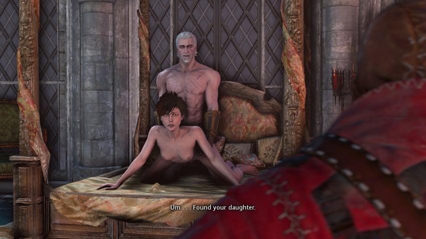 1girls 3d ambiguous_penetration anal anal_sex areolae barefoot breasts brown_hair caught_in_the_act cd_projekt_red daughter_cuck doggy_style father_and_daughter female geralt_of_rivia ginger hand_on_hip implied_anal implied_sex implied_vaginal looking_at_another nipples on_bed pale-skinned_female phillip_strenger red_hair scar shittyhorsey short_hair skinny surprised tamara_strenger the_witcher_(series) the_witcher_3:_wild_hunt vaginal_penetration white_hair yellow_eyes