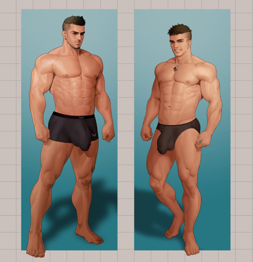 2boys abs arc_(dro_arc) arms_at_sides bara bare_legs black_hair black_male_underwear brown_hair clenched_hand closed_mouth commission covered_penis dro_(dro_arc) earrings full_body gradient_background grid_background groin highres jewelry large_pectorals male_focus male_underwear mole mole_under_eye multiple_boys muscular muscular_male navel nipples original pectorals pendant saolin_(wudangx) shadow short_hair smile standing stud_earrings three_quarter_view topless_male undercut underwear