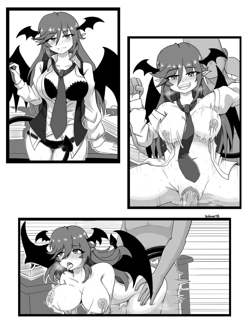 1boy 1girls 2023 artist_name blush bouncing_breasts bra breasts comic completely_nude dated demon_girl demon_tail demon_wings doggy_style faceless_male grin head_wings heavy_breathing koakuma large_breasts long_hair monochrome motion_lines necktie noldvano nude open_clothes open_mouth open_shirt open_vest panties penis pointy_ears pussy reverse_upright_straddle sex sex_from_behind sharp_teeth shirt straight tail tongue tongue_out touhou uncensored vaginal_penetration vest wings