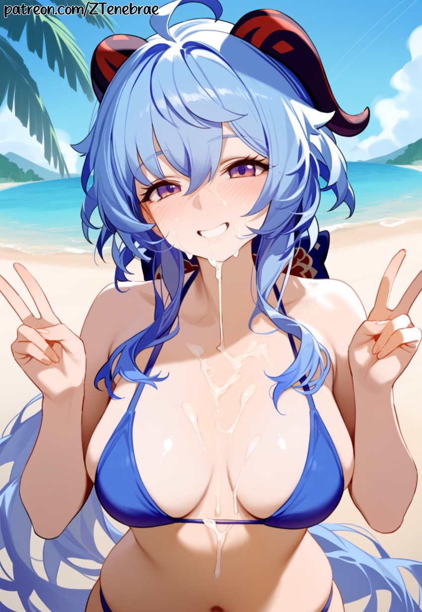 ai_generated beach bikini blue_bikini blue_hair cum cum_on_breasts cum_on_face double_v facial ganyu_(genshin_impact) genshin_impact goat_horns grin looking_at_viewer parted_lips sand sky smile upper_body ztenebrae