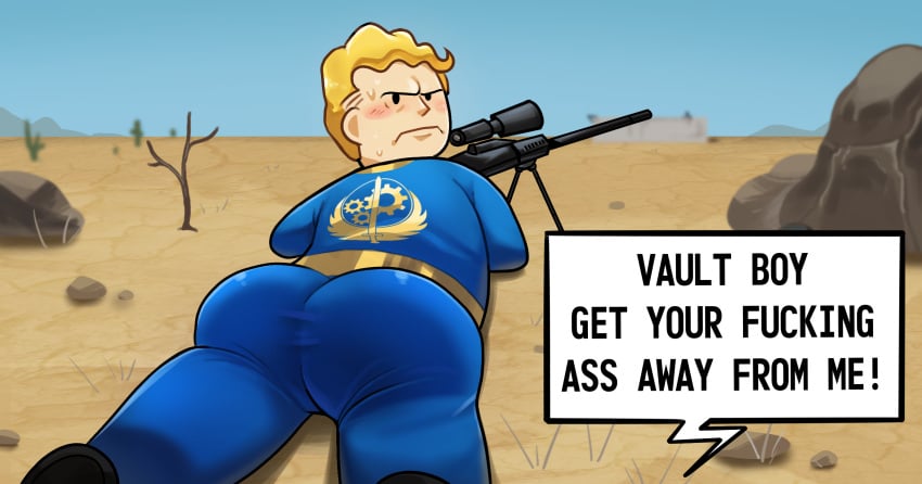 1boy angry angry_expression angry_face ass bethesda_softworks blonde_hair blush butt_focus fallout fallout_tactics fat_ass fat_butt huge_butt looking_at_viewer looking_back male_only sniper sweat sweatdrop thick_ass thick_butt tight_clothing tight_pants vault_boy