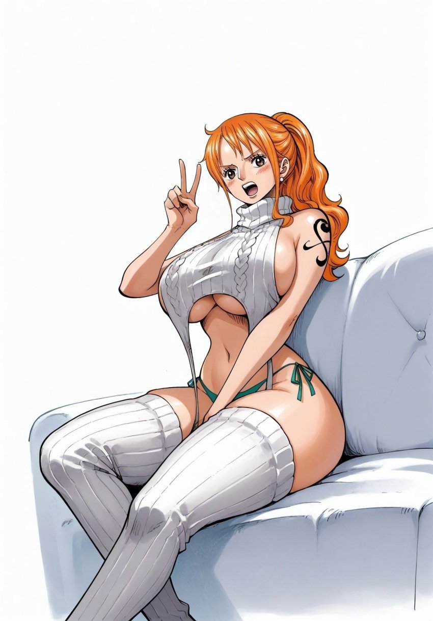 ai_generated alluring big_breasts breasts brown_eyes female female_only long_hair nami nami_(one_piece) one_piece orange_hair peace_sign seducing seduction seductive seductive_body seductive_eyes seductive_gaze seductive_look seductive_mouth seductive_pose seductive_smile shiny_hair shiny_skin sitting sitting_on_couch socks tattoo tattoo_on_arm tattooed_arm teeth teeth_showing teeth_visible thick_thighs thigh_socks toes_visible_through_clothing virgin_killer_sweater voluptuous voluptuous_female white_socks yashin