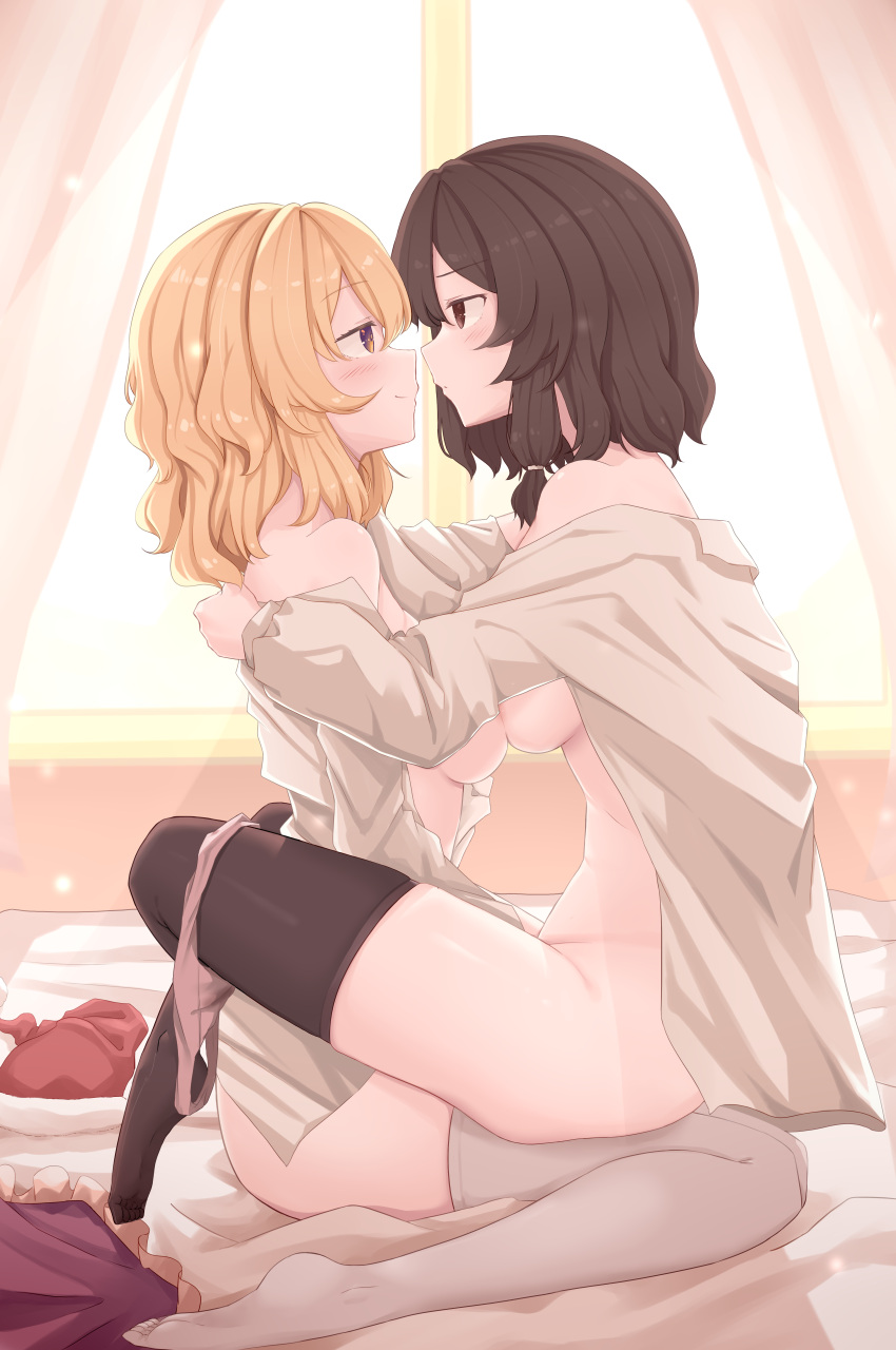 2girls absurdres bed bed_sheet black_thighhighs blonde_hair blush breast_press breasts brown_eyes brown_hair chinese_commentary cowgirl_position curtains eye_contact from_side highres looking_at_another maribel_hearn medium_breasts medium_hair multiple_girls off_shoulder on_bed open_clothes open_shirt panties panties_around_leg renko_usami shirt sitting skindentation smile symmetrical_docking t-hou thighhighs touhou underwear usami_renko wariza white_shirt white_thighhighs window yuri