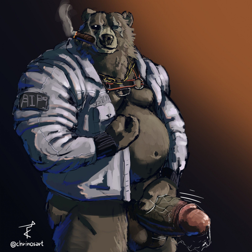 1:1 anthro balls bear belly ben_bigger bodily_fluids bottomless brown_body brown_fur chrinos_art cigar clothed clothing cum erection facial_scar fur genital_fluids genitals hi_res jacket jewelry male male_only mammal masturbation mihoyo missing_eye moobs necklace overweight penis scar smoking solo solo_male topwear white_clothing white_jacket white_topwear zenless_zone_zero