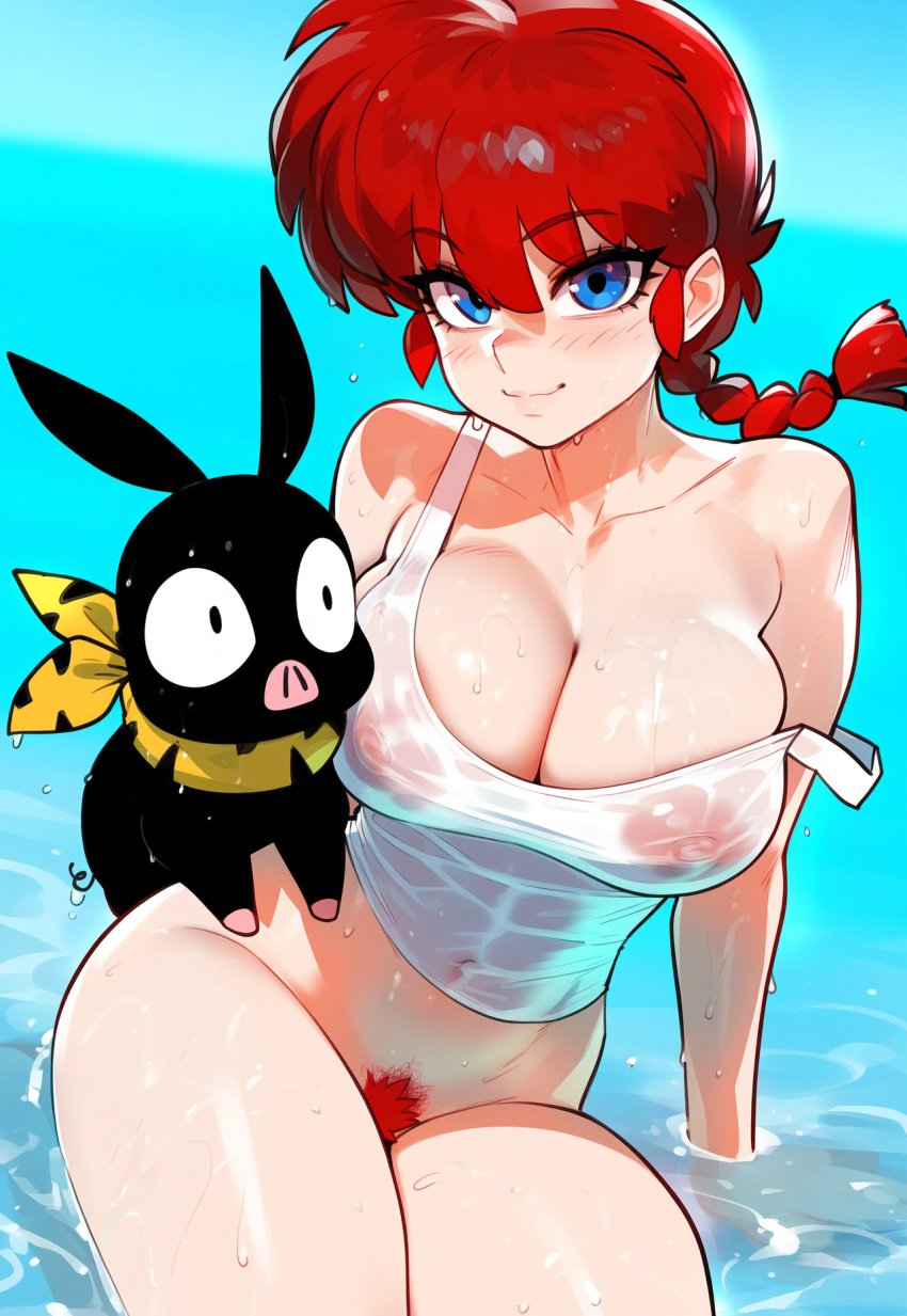 ai_generated blue_eyes blurry_background bottomless female_focus female_only jagat_ai nipples nipples_visible_through_clothing novelai p-chan partially_submerged pig ponytail pubic_hair ranma-chan ranma_1/2 ranma_saotome red_hair see-through see-through_top smiling solo solo_focus water wet