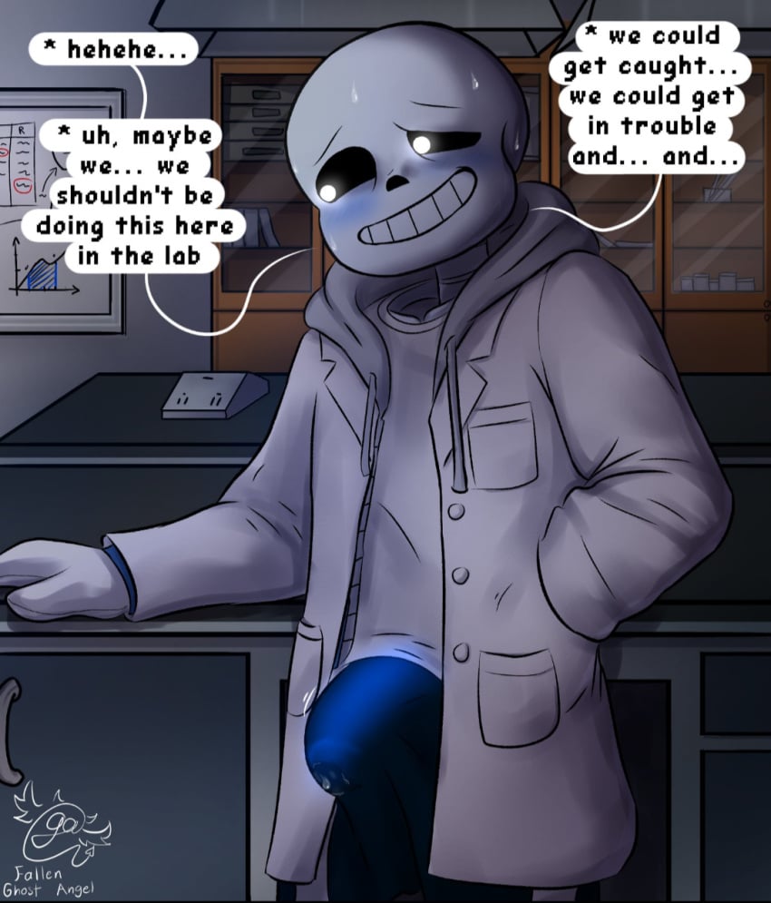 blush bulge bulge_through_clothing dialogue ectopenis fallen_ghost_angel_(artist) gay hesitant sans scientist sole_male undertale