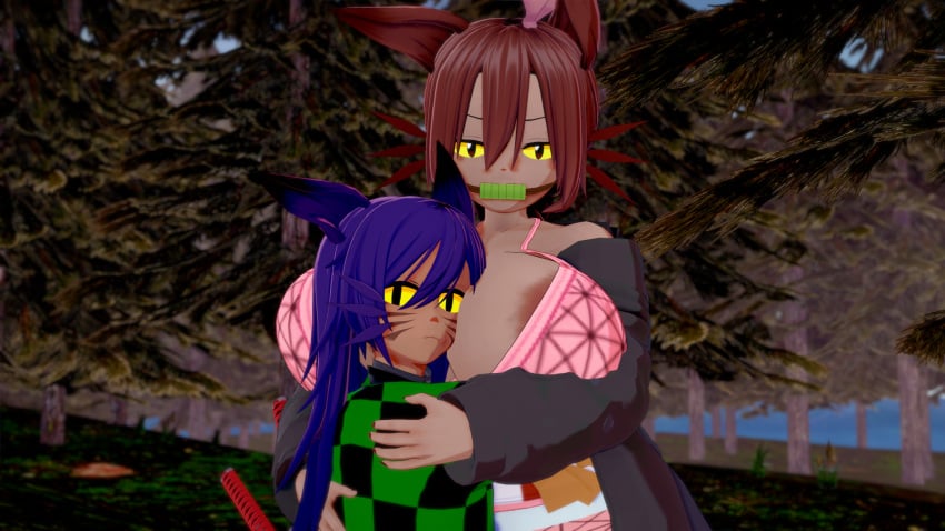 alternate_breast_size areola areola_slip areolae ball_gag bra breasts_bigger_than_head brown_areola brown_areolae brown_hair brown_skin cat_ears catgirl cosplay demon_slayer embrace female fog forest forest_background gag huge_breasts hugging humanoid incest koikatsu long_hair looking_at_viewer massive_breasts milf mother mother_and_child mother_and_son nezuko_kamado niko's_mom niko's_mom_(oneshot) niko_(oneshot) oneshot ponytail purple_hair son sword tanjiro_kamado whiskers yellow_eyes