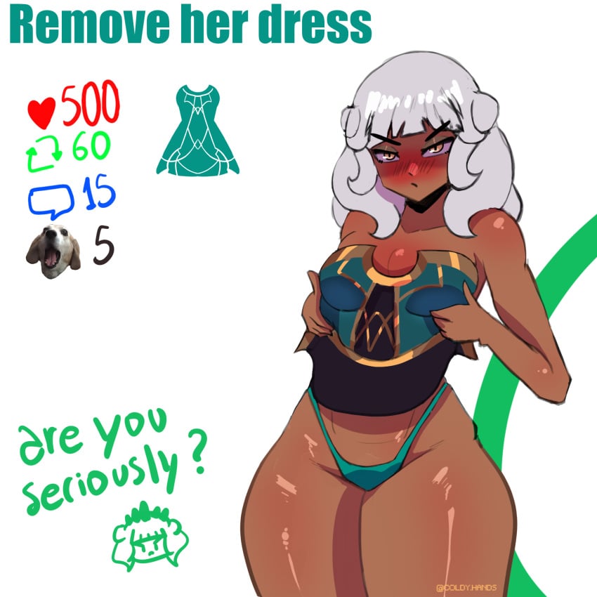 coldy_hands exposed_underwear flushed league_of_legends lifting_clothing qiyana_yunalai stripgame thick_thighs white_hair