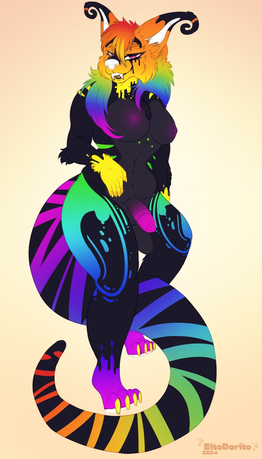 absurd_res anthro balls big_breasts breasts canid crux digital_media_(artwork) eitodorito female fur genitals gynomorph hair herm hi_res intersex mammal multicolored_hair nipples nude penile penis pinup pose rainbow_hair simple_background smile solo sparklefur stripes tail