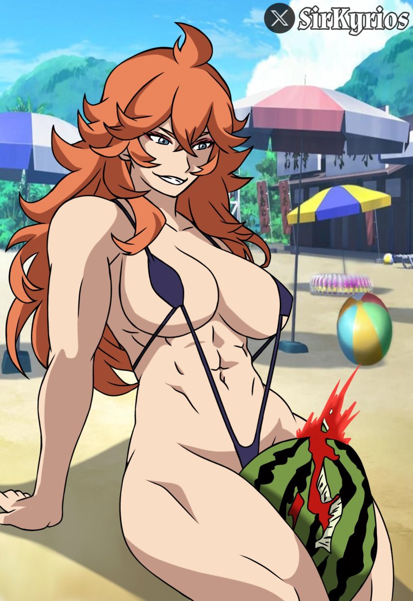 1girls abs big_breasts bikini black_clover blue_eyes breasts crushing light-skinned_female mereoleona_vermillion multiple_girls muscular red_hair sirkyrios thick_thighs thighs watermelon