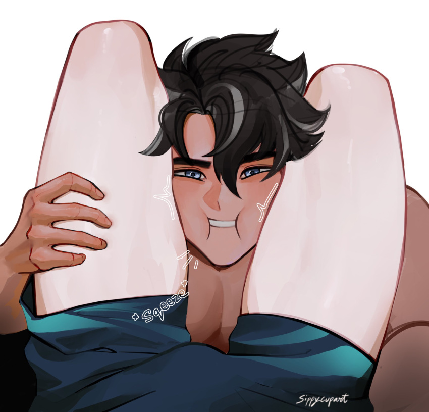 between_legs black_hair face_squish genshin_impact male male_pov neuvillette_(genshin_impact) pov sippycupart squish wholesome wriothesley_(genshin_impact) yaoi