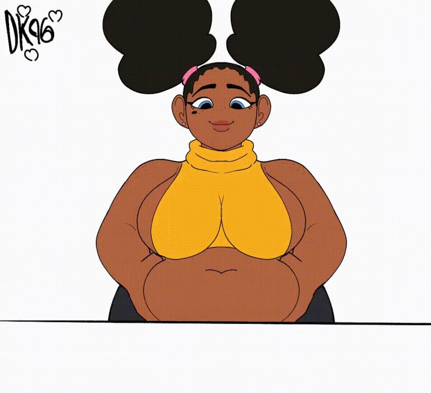 1girls 2d animated belly belly_grab belly_squish big_breasts chubby chubby_belly chubby_female clothing daisykitty96 dark-skinned_female dark_skin earrings female female_focus female_only jewelry melody_(daisykitty96) mole mole_under_eye orange_clothing simple_background white_background