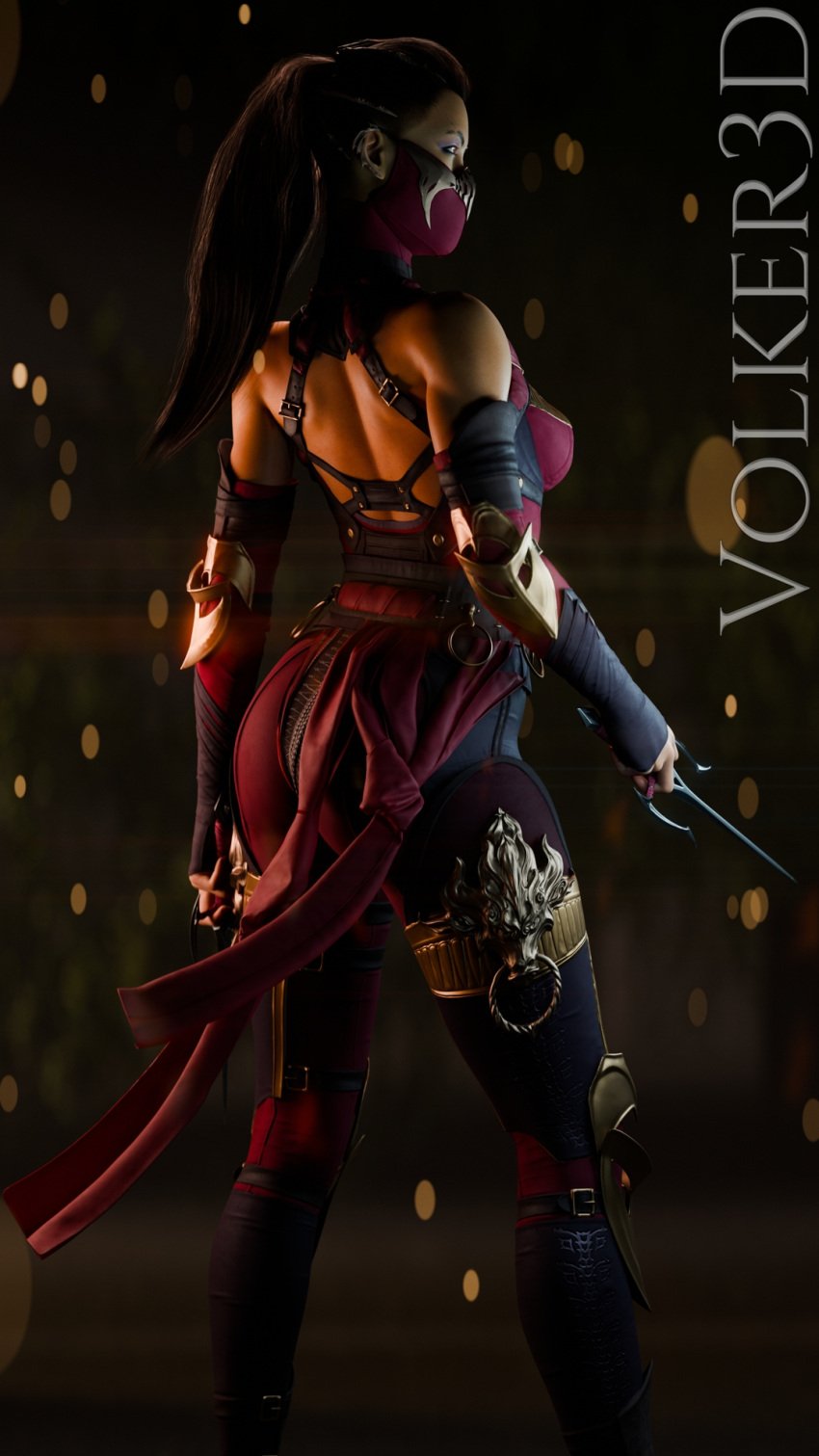 1girls 3d ass back back_muscles bare_ass bare_shoulders brown_eyes brown_hair clothed covered_ass face_mask fanart fit fit_female kunai mileena mortal_kombat mortal_kombat_1_(2023) pinup posing solo solo_female standing tagme toned toned_body toned_female volker3d