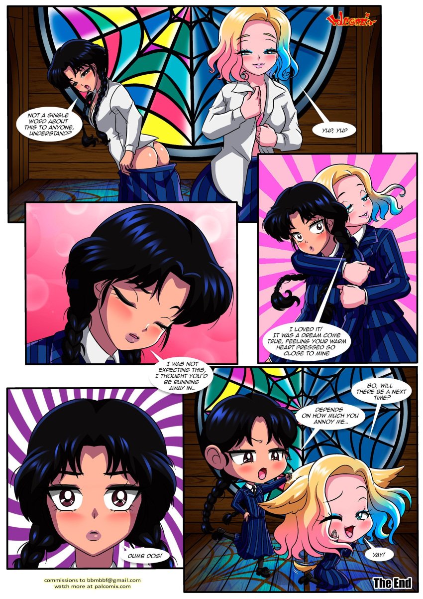 2girls after_sex animal_ears ass background bbmbbf bedroom black_hair blonde_hair blush chibi children_of_woe_(comic) comic dressing emma_myers end_page enid_sinclair eyelashes_visible_through_hair eyes_visible_through_hair female female_only goth_girl happy holding hugging hugging_from_behind indoors jenna_ortega kneeling leg_up medium_hair on_floor palcomix panties putting_clothes_on school_uniform shirt skirt skirt_down standing standing_on_one_leg the_addams_family three-tone_hair twintails underwear uniform wednesday_(netflix) wednesday_addams window wolf_ears yuri