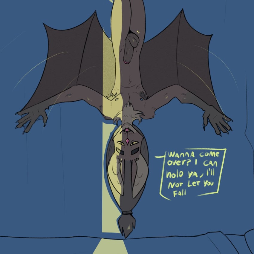 1:1 2023 anthro apollo_(dracks) armpit_hair balls bat bat_ears bat_nose bat_wings blue_background body_hair brown_balls brown_body brown_fur brown_penis brown_wings dialogue dracks english_text erection fangs fur genitals glans hair hanging_upside_down hi_res humanoid_genitalia humanoid_penis long_hair male mammal membrane_(anatomy) membranous_wings narrowed_eyes nipples nude open_mouth penis pink_glans pink_nose ponytail presenting presenting_penis question_mark simple_background solo spread_wings squint teeth text tongue upside-down wings