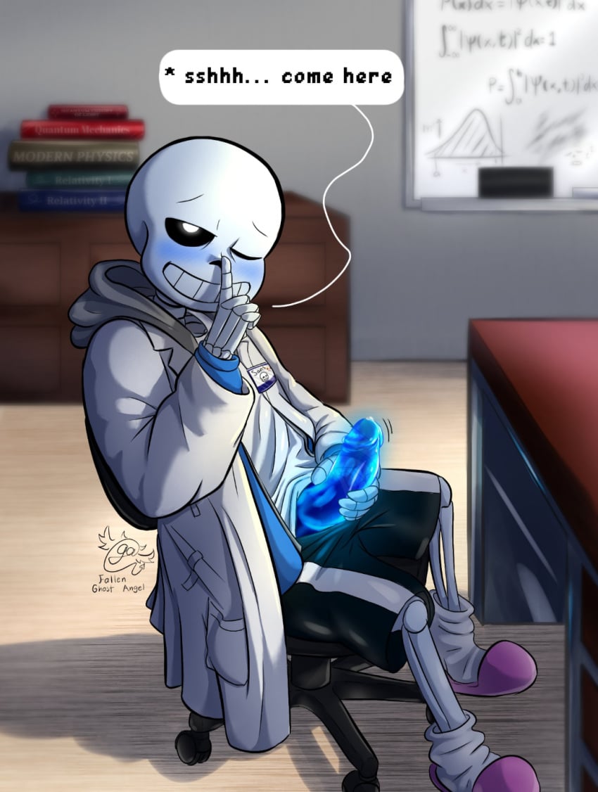 blush dialogue ectopenis fallen_ghost_angel_(artist) gay holding_penis one_eye_closed precum sans scientist shushing undertale