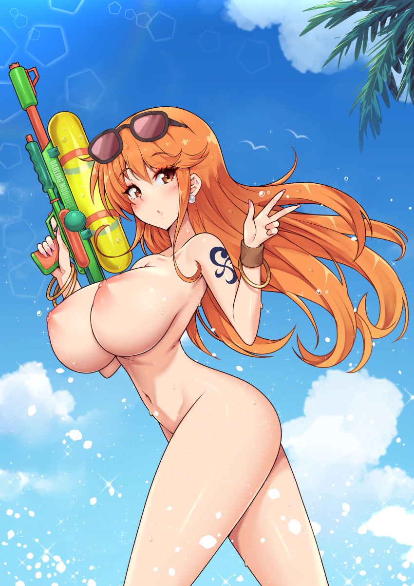 bare_arms bare_breasts bare_legs bare_shoulders bare_thighs big_breasts boobs_bigger_than_head female female_only full_body fully_nude long_hair naked naked_female nami nami_(one_piece) one_piece orange_hair post-timeskip sunglasses sunglasses_on_head virus-g