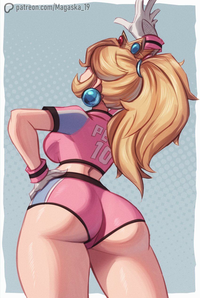 ass ass_focus blonde_hair crop_top crown earrings female female_only from_below fully_clothed gloves hand_on_hip long_hair long_ponytail magaska19 mario_(series) mario_strikers mario_strikers_peach_back_view_redraw_(meme) nintendo patreon_username pink_shorts ponytail princess princess_peach revealing_clothes shorts simple_background sportswear thighs tight_clothing underass victory_pose