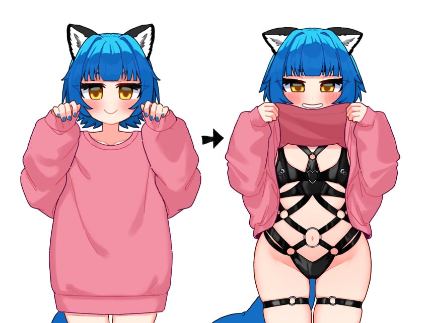 black_swimsuit blue_hair blue_nails blush blushing_at_viewer blushing_female endless_(idol_corp) fluffy fluffy_tail idol-en idol_corp jacket jacket_lift jacket_open jacket_up pink_jacket poko_rakun racoon racoon_ears racoon_girl racoon_tail ryoru97 ryoshi_(artist) sleek_back slim_body slim_girl smiling smiling_at_viewer surprise swimsuit text_bubble thighs undressing undressing_self upscaled virtual_youtuber vtuber yellow_eyes