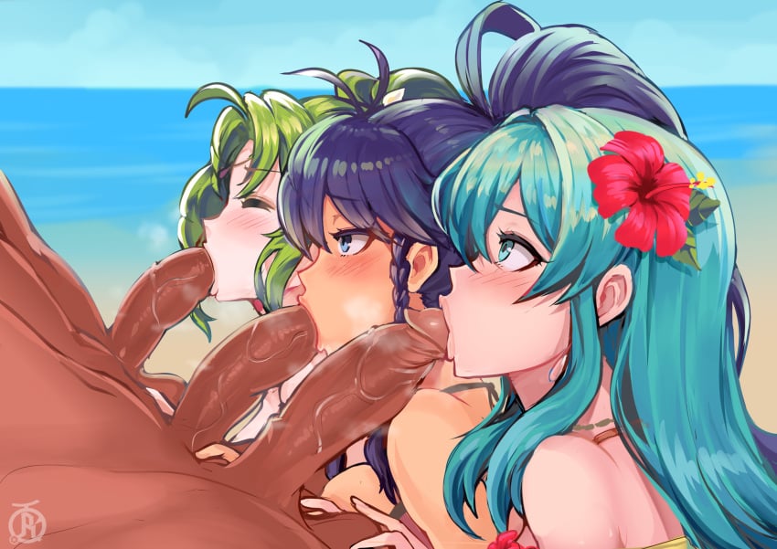 3boys 3girls aqua_hair beach blowjob blue_hair caressing_testicles dark-skinned_male dark_skin eirika_(fire_emblem) fellatio female fire_emblem fire_emblem:_the_sacred_stones green_hair interracial l'arachel_(fire_emblem) light-skinned_female light_skin long_hair male nintendo oral outdoors penis revolverwingstudios tana_(fire_emblem) uncensored