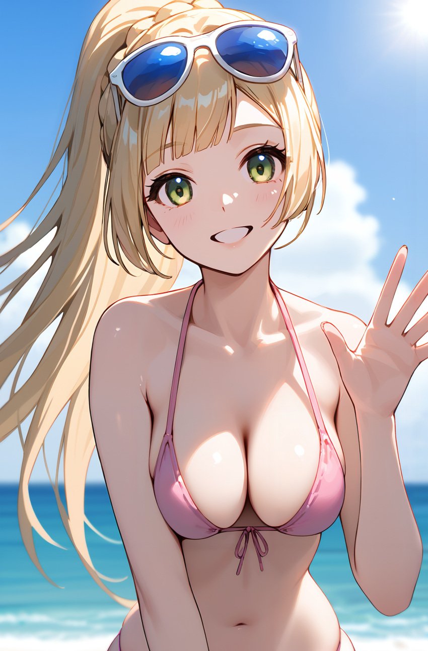 1girl ai_generated beach beach_background bikini bikini_top blodne_hair blonde_hair braid breasts clouds eyewear_on_head female finger_nails green_eyes hair_between_eyes lake large_breasts lillie_(pokemon) long_hair navel nude ocean paquebot pink_bikini pink_bikini_top pokemon pokemon_sm pokemon_usm ponytail side_braid smile smiling smiling_at_viewer sunglasses sunlight water wave waving