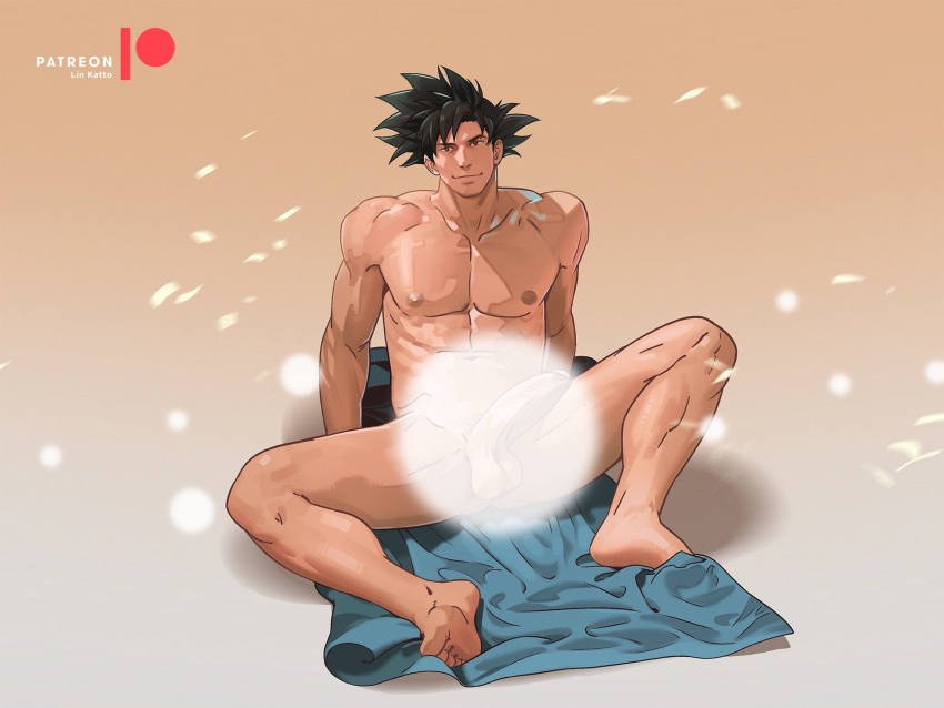 1boy bara black_hair completely_nude dragon_ball erection full_body glowing gradient_background highres katto8452 large_pectorals light_censor light_smile looking_at_viewer male_focus muscular muscular_male navel nude patreon_logo patreon_username pectorals penis solo son_goku spread_legs testicles