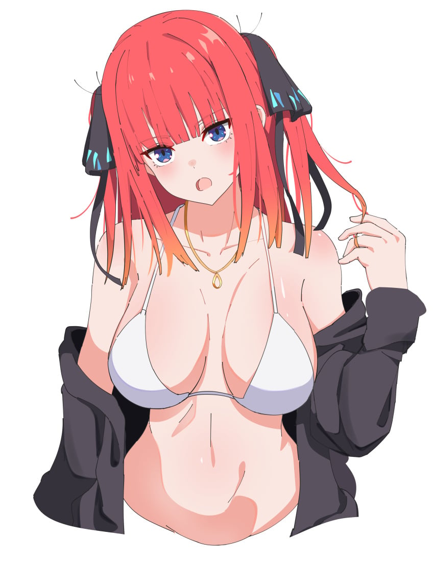 absurdres bare_shoulders bikini black_jacket black_ribbon blush breasts butterfly_hair_ornament collarbone cropped_torso female go-toubun_no_hanayome gradient_hair hair_ornament hair_ribbon hand_up head_tilt highres ichigixgo jacket jewelry large_breasts looking_at_viewer medium_hair multicolored_hair nakano_nino necklace open_clothes open_jacket open_mouth pink_hair purple_eyes red_hair ribbon simple_background sleeves_past_wrists solo stomach swimsuit twirling_hair two-tone_hair two_side_up white_background white_bikini