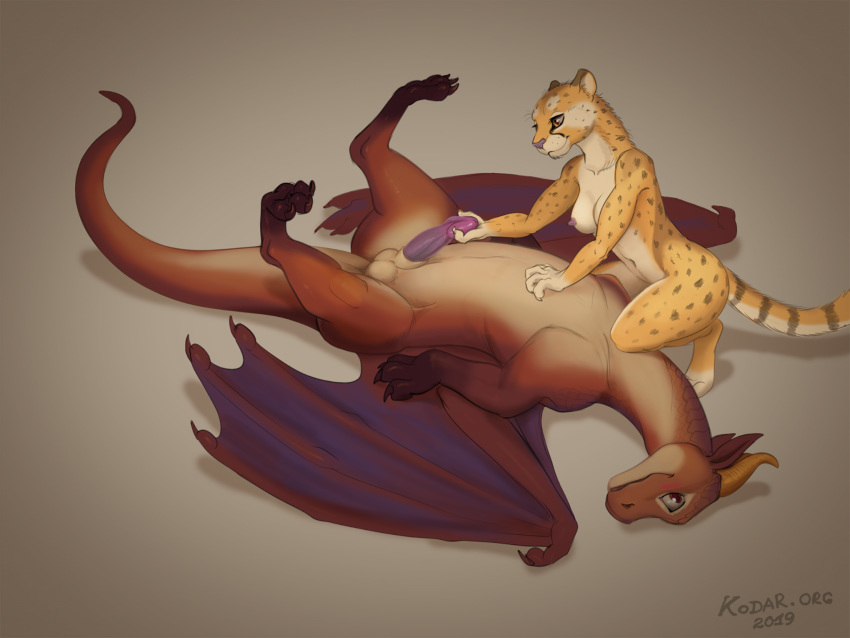 2019 4:3 anthro balls breasts cheetah digital_media_(artwork) dragon duo felid feline female feral fur hi_res horn kodardragon lying male mammal on_back penis red_eyes scalie spots spotted_fur western_dragon zoophilia