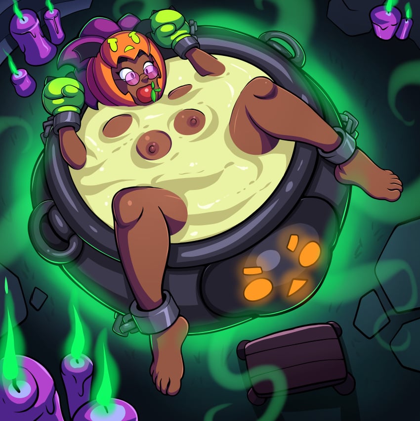 (handy) alternate_version_available apple apple_in_mouth arm_up bondage brawl_stars breasts candle candles cauldron cum cum_inside dark-skinned_female feet female female_only forced glasses gloves halloween halloween_costume nude_female object_in_mouth open_legs purple_hair rosa_(brawl_stars) roxley roxley-d