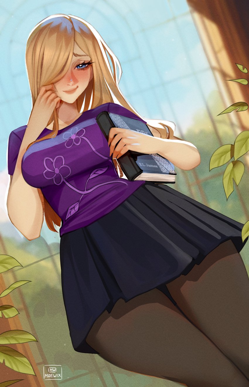 1girls absurd_res blue_eyes blush book clothed clothing female female_only hair_over_one_eye holding_book looking_at_viewer maewix1 pantyhose skirt smiling smiling_at_viewer solo t-shirt