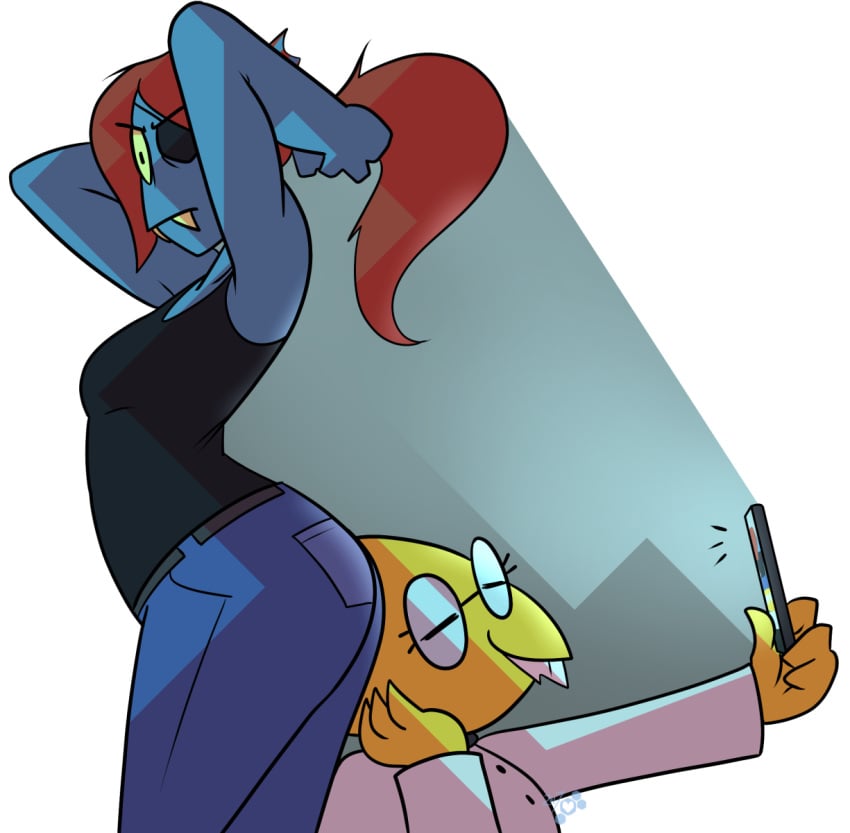 2d 2girls alphys ass ass_focus big_ass blue_body blue_skin breasts bubble_butt clothing eyepatch female glasses jeans lesbian lesbian_couple phone ponytail potoobrigham red_hair scalie selfie smile tank_top toby_fox undertale undertale_(series) undyne voluptuous voluptuous_female yellow_body yellow_skin yuri