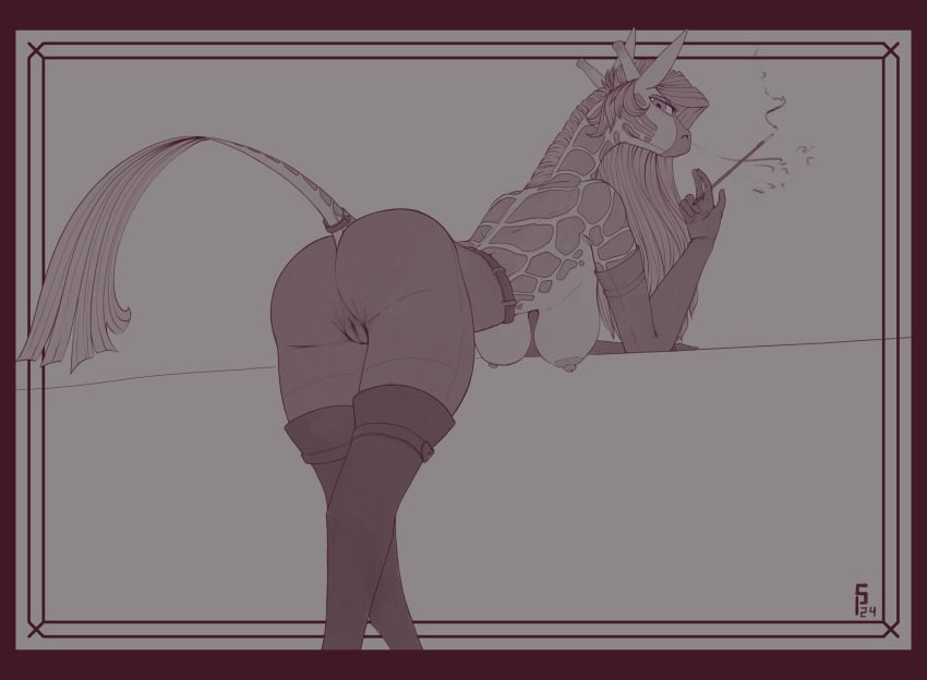 2024 absurd_res anthro arm_support armwear ass big_breasts boots breasts camel_toe cigarette cigarette_holder clothed clothing digital_media_(artwork) elbow_gloves female genitals giraffe giraffid gloves hair handwear hanging_breasts hi_res leaning_on_elbow legwear looking_at_viewer lovelace_filigree mammal mature_anthro mature_female nipples pussy simple_background smoke smoking solo stray_prey tail topless