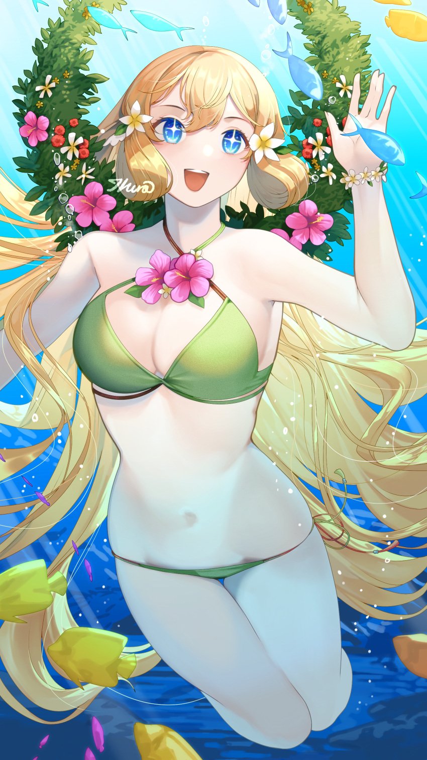 1girls absurdres alternate_costume bikini blonde_hair blue_eyes breasts cleavage female female female_only fire_emblem fire_emblem_heroes fish flounder flower grass green_bikini green_swimsuit head_wreath highres ikura_(downdexp) large_breasts long_hair navel nintendo official_alternate_costume smile solo sparkling_eyes swimsuit underwater water wreath ymir_(fire_emblem_heroes) ymir_(summer)_(fire_emblem_heroes)