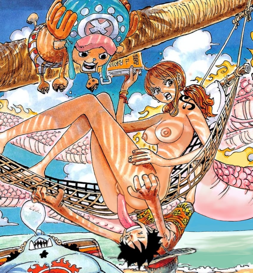 1girls artist_request beach clothed_male_nude_female cunnilingus edit edited female female_nudity jinbe licking_pussy long_tongue male monkey_d_luffy nami nude_filter official_art one_piece orange_hair ponytails public_nudity pussy pussy_licking tongue_out tony_tony_chopper