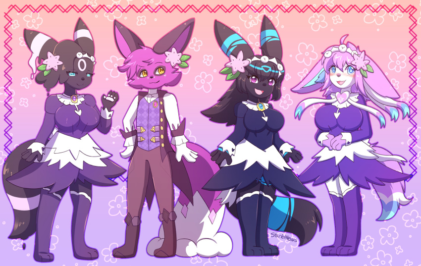 1boy 3girls 3girls1boy amulet black_hair blue_eyes blue_eyes_female blue_gem blush blushing_female blushing_profusely breasts clothed cyan_eyes eeveelution flower flower_background flower_in_hair golden_eyes heart legs_together long_hair nickit pokemon pokemon_(species) pokephilia purple_eyes purple_eyes_female purple_gem ribbon skirt smiling smiling_at_viewer socks starletnexus starlight_nexus stockings thigh_high_socks thigh_highs thighhigh_socks thighhighs umbreon