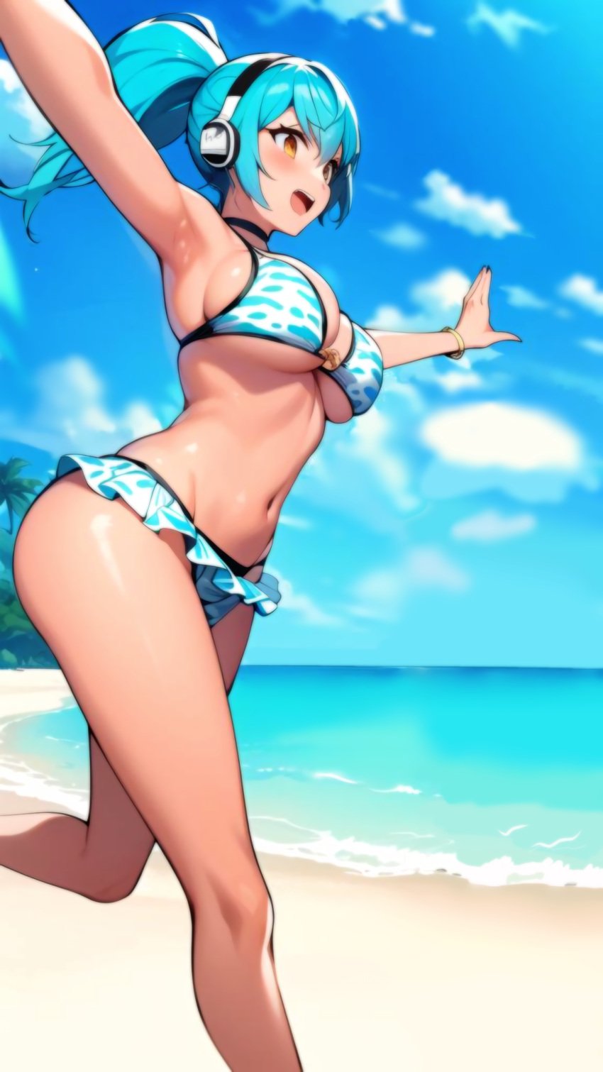 ai_generated beach bikini blue_hair brawl_stars cmai headphones janet_(brawl_stars) ponytail tagme yellow_eyes