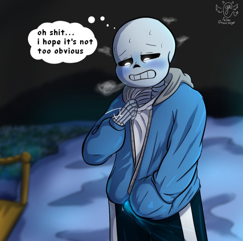 1boys blush bulge bulge_through_clothing dialogue ectopenis embarrassed erection fallen_ghost_angel_(artist) hiding_erection male sans solo undertale