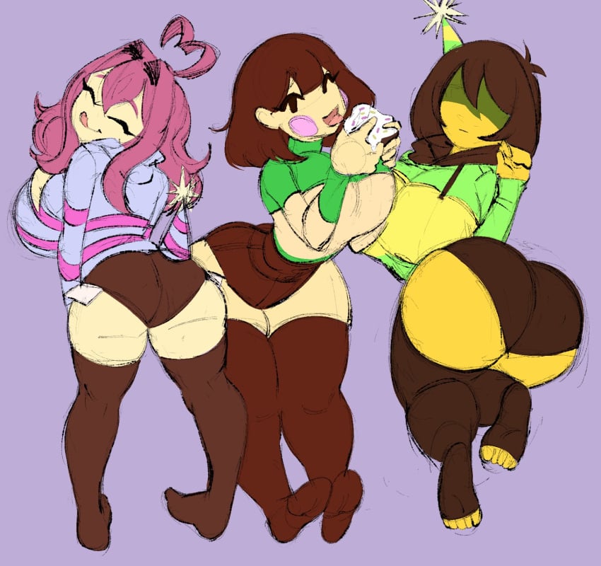 3girls ass_bigger_than_head ass_focus big_ass breasts breasts_bigger_than_head brown_hair chara deltarune female female_frisk female_only frisk kfc_(undertale/deltarune) kris_(deltarune) kris_female_(deltarune) light-skinned_female light_skin looking_at_viewer mirror_frisk multiple_girls pink_hair pinkbobatoo skiddioop tagme thick_thighs thighhighs thighs undertale yellow_skin