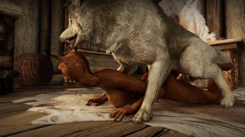 animal_genitalia anthro brown_fur domestic_dog ear_piercing feral_on_anthro feral_penetrating feral_penetrating_anthro from_behind game_screenshot grey_fur husky inside khajiit knot male/female nose_piercing pinned sktorus skyrim zoophilia