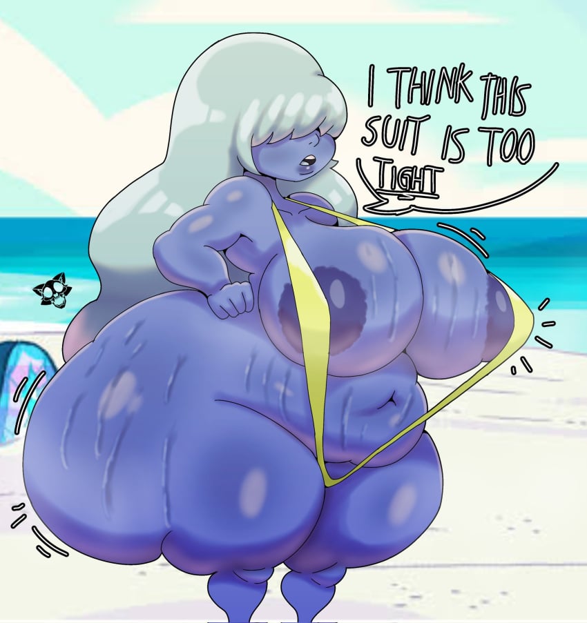 alternate_version_available areola_slip background bangs_over_eyes barely_covered beach big_ass big_breasts bikini blue_hair blue_skin clothing dialogue gem_(species) ineffective_clothing long_hair sapphire_(steven_universe) shortstack speech_bubble steven_universe string_bikini thedeathcrow05 thick_thighs wobble