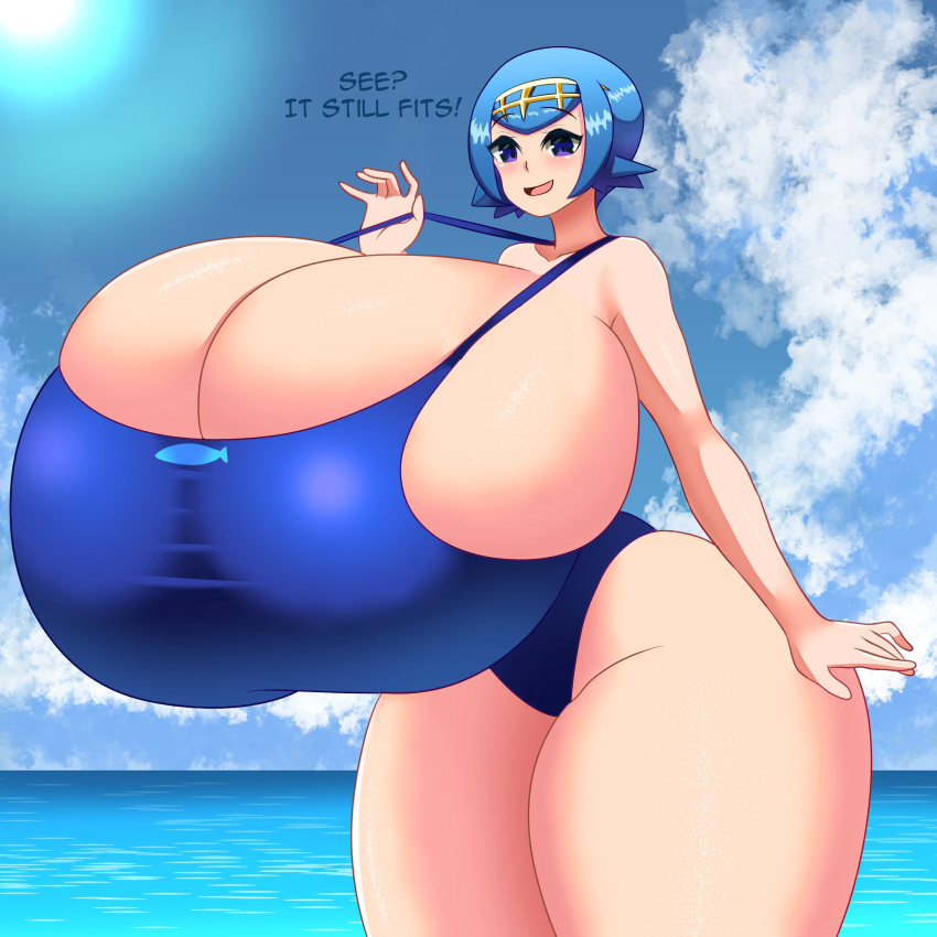 1girls aged_up alternate_breast_size blue_eyes blue_eyes_female blue_hair blue_hair_female blue_swimsuit blue_swimwear breasts competition_swimsuit female game_freak gigantic_breasts huge_breasts hyper_breasts lana_(pokemon) mewmaster93 nintendo one-piece_swimsuit pokemon pokemon_sm revision solo solo_female swimwear twitter_link