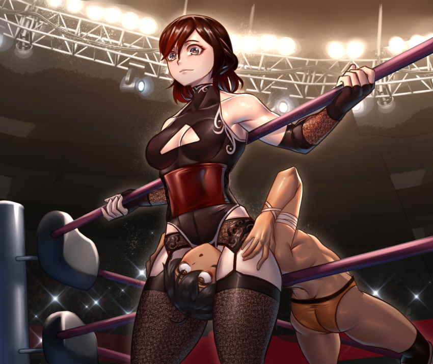 1boy 1girls age_difference arsonichawt ass big_breasts black_hair breasts dark-skinned_male dark_skin female femdom garter_straps headscissor headscissors large_breasts male malesub milf older_female oscar_pine red_hair rwby straight summer_rose wrestling younger_male