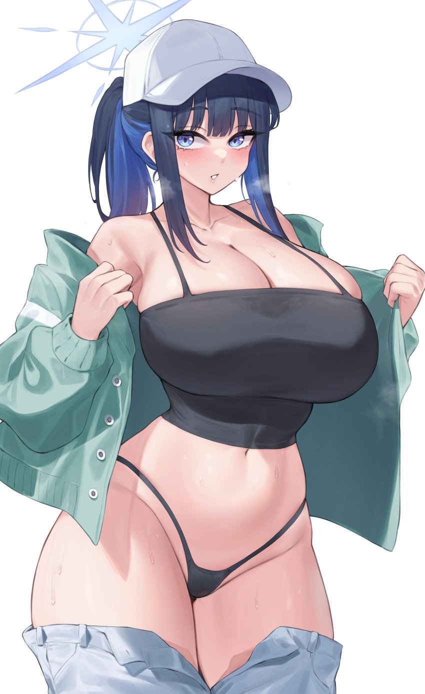 1girls absurd_res blue_archive blue_eyes blue_hair breasts female halo hat hips huge_breasts kuavera light-skinned_female light_skin long_hair saori_(blue_archive) simple_background thick_thighs thighs wide_hips