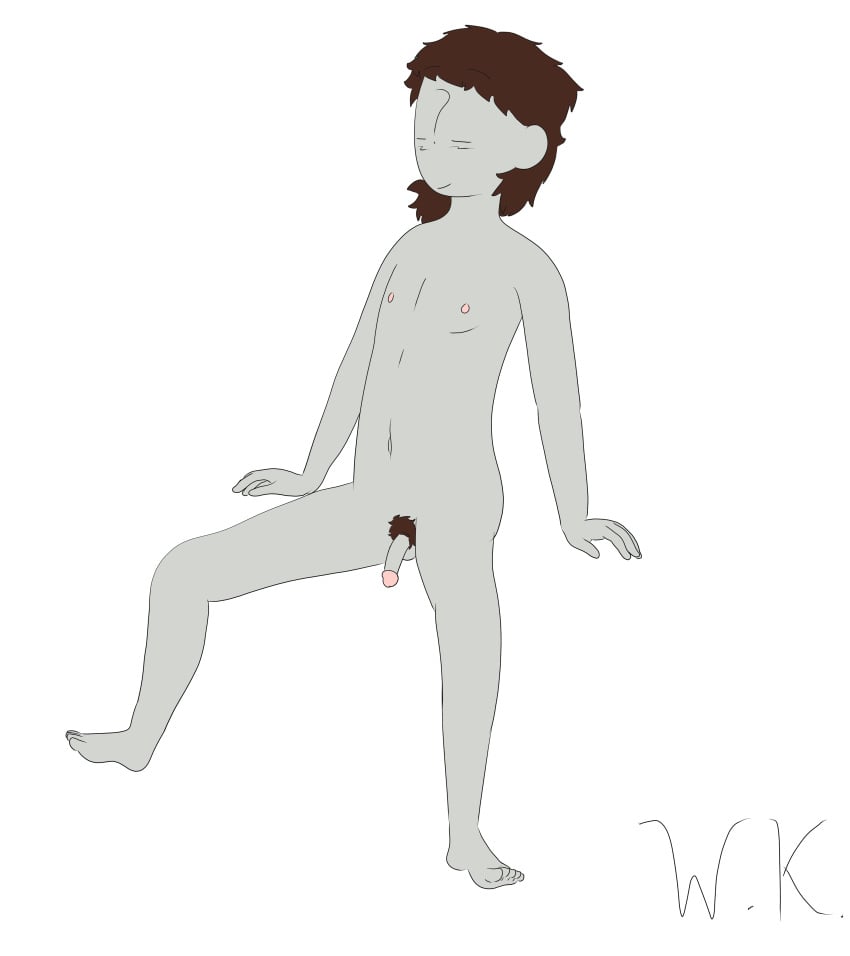 average_penis average_sized_penis brown_hair calm_expression completely_naked completely_nude_male cute_male fluffy_hair full_body grey_body jeremy_fitzgerald jeremy_fitzgerald_(fnaf) jeremy_fitzgerald_(rebornica) messy_hair pubes pubic_hair question_mark rebornica sitting