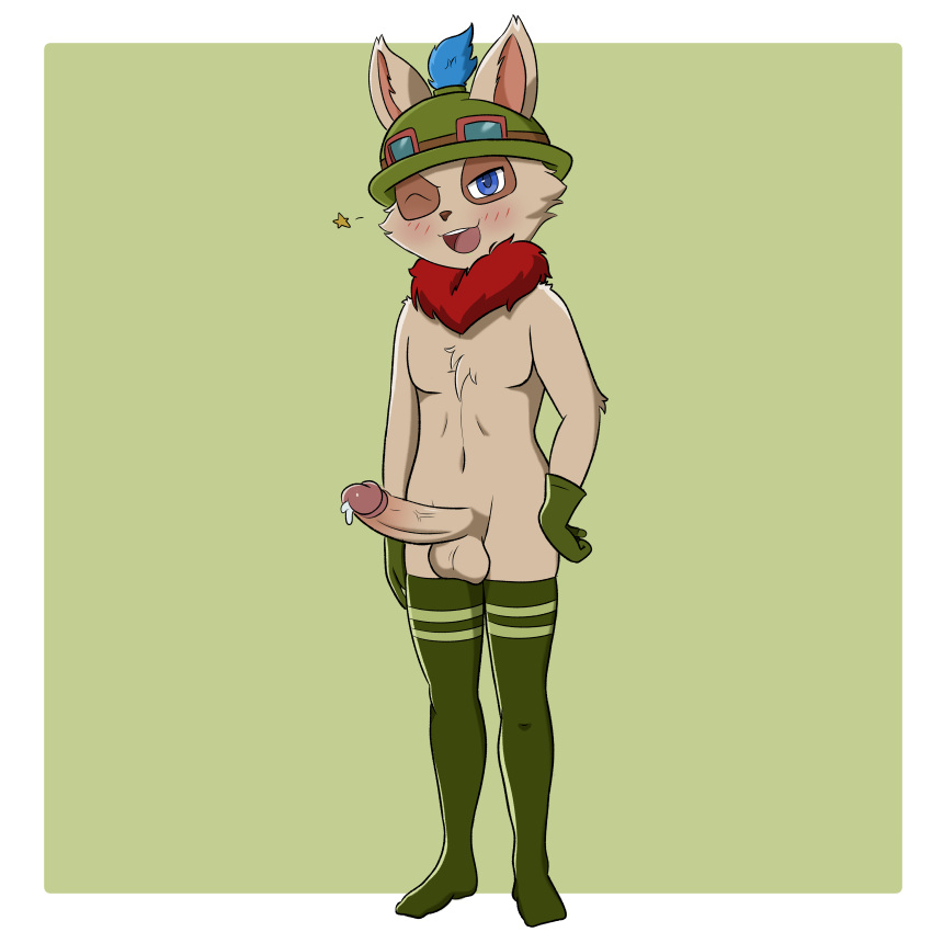 anthro anthro_femboy anthro_only balls ballsack blue_eyes blush cum cum_drip dick erection furry furry_balls furry_femboy furry_male furry_only furry_penis gloves green_gloves green_hat green_thighhighs hat juniperbean league_of_legends leggings male male_only naked nude nude_femboy open_mouth penis penis_out red_scarf riot_games solo solo_femboy solo_focus solo_male stockings tan_body tan_fur teemo teemo_(lol) testicles thigh_highs thighhighs thighs tuft wink yordle