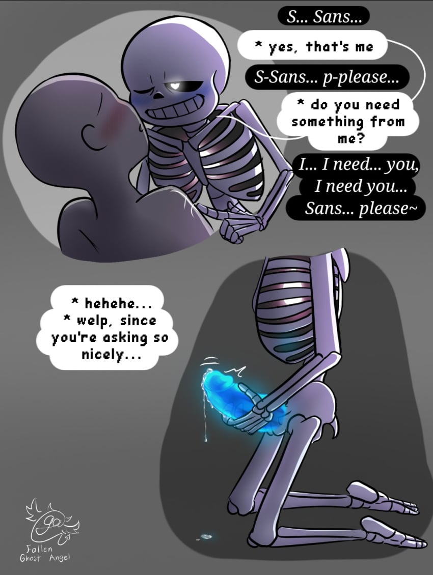 1boy1girl blush dialogue ectopenis fallen_ghost_angel_(artist) heart-shaped_pupils holding_penis precum sans skeleton undertale