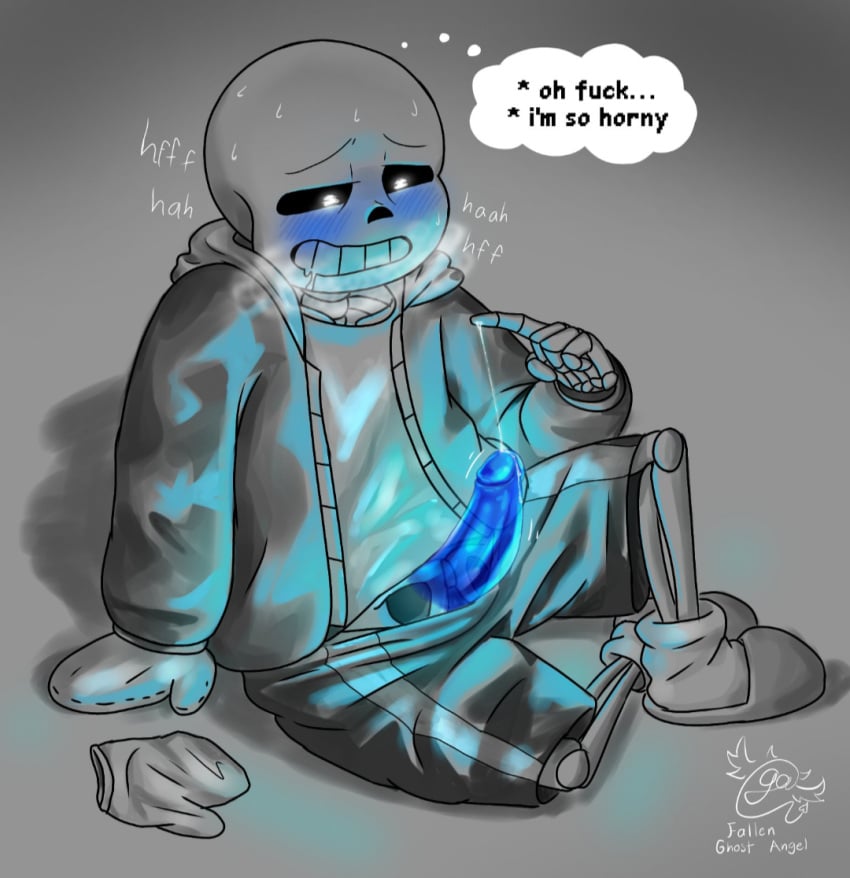 blush blush dialogue ectopenis fallen_ghost_angel_(artist) sans touching_penis undertale