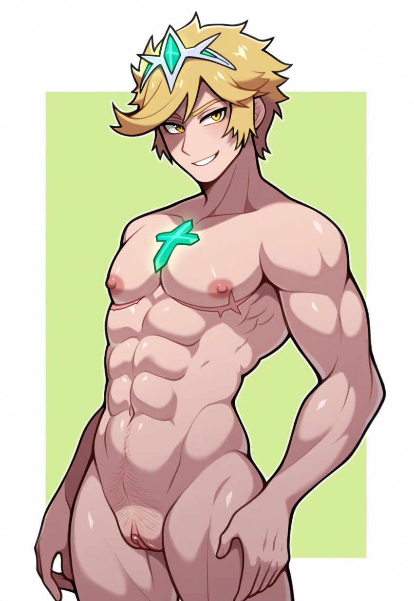 ai_generated alternate_hairstyle andromorph blonde_hair chest_jewel core_crystal_(xenoblade) cuntboy genderswap_(ftm) male mastectomy_scar mature_male muscular_male mythra mythra_(xenoblade) naked nude pixie_cut pussy robofun rule_63 smile solo tiara toned_male topless topless_male very_short_hair xenoblade_chronicles_2 yellow_eyes