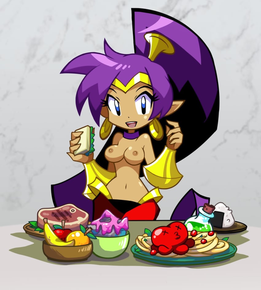 areolae blue_eyes breasts breasts_out casual_exposure casual_nudity casual_topless dangergirlfan dark-skinned_female earrings edit exposed_breasts eyebrows eyebrows_visible_through_hair eyelashes female female_focus female_only food happy hips holding holding_food human long_hair looking_at_viewer medium_breasts navel nipples open_mouth pointy_ears purple_hair sandwich shantae shantae:_half-genie_hero shantae_(character) smile smooth_skin solo solo_focus table teeth tongue topless video_games wayforward